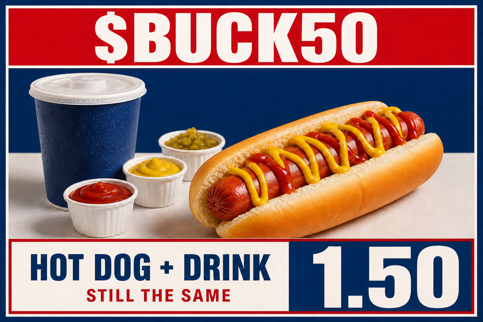 Buck Fifty hot dog and drink menu board showing a price of 1.50